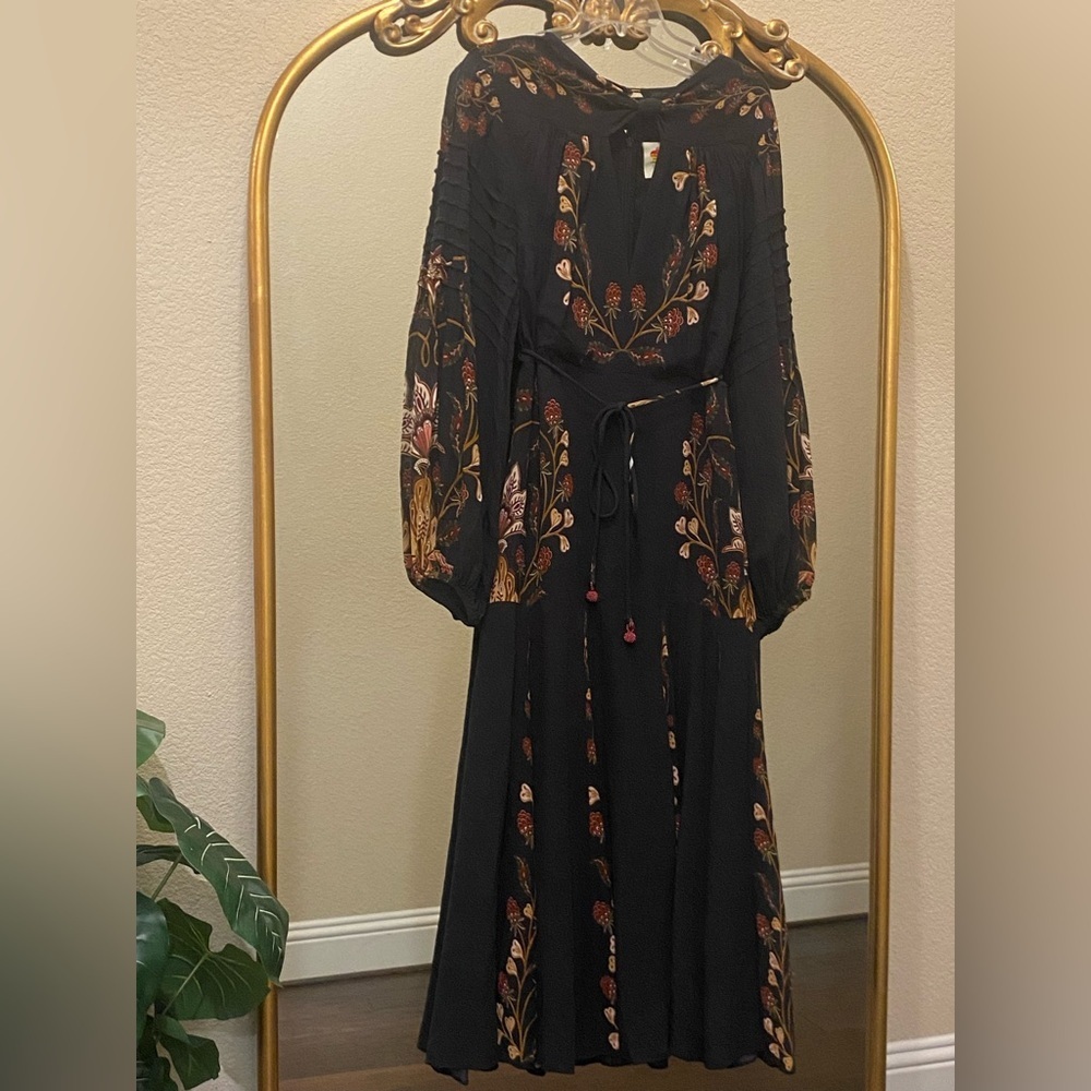 Farm Rio Black Berry Garden Long Sleeve Pleated Midi Dress Size S - Picture 2 of 15